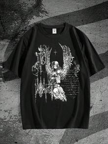 iseta negra con diseño gótico angelical y blanco - Camiseta ligera de verano para conciertos, ropa de calle diaria - Camiseta casual de cuello redondo para fans de fantasía oscura, camisetas - Negro - Ver 1