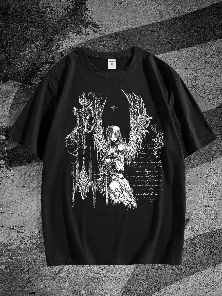 iseta negra con diseño gótico angelical y blanco - Camiseta ligera de verano para conciertos, ropa de calle diaria - Camiseta casual de cuello redondo para fans de fantasía oscura, camisetas - Negro - Ver 1