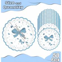 50 platos de papel de lazo azul claro de pulgadas, platos festoneados azules desechables para boda, shower, cumpleaos, plato de postre - platos de papel de lazo azul claro - Ver 2