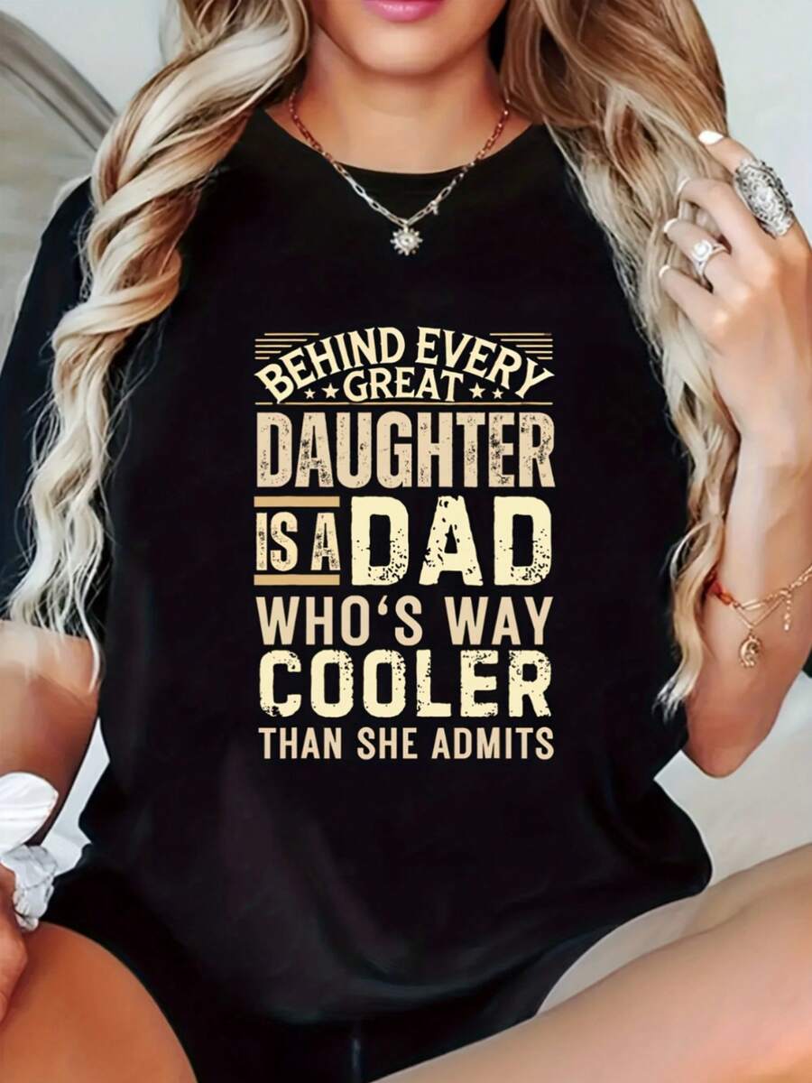 Camiseta con Estampado para el Día del Padre, Cuello Redondo, Multifuncional de Manga Corta para Mujer, Primavera/Verano - negro - Ver 1