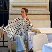 Camisa de mujer de moda elegante y casual con estampado de lunares azul cielo - Corbata de moño, manga farol, holgada, plisada, semitransparente de verano - Albaricoque - Ver 3
