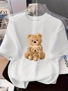[Women's Printed T-Shirt] Circle Orientation] Women's Printed T-Shirt With Bear Design, Soft, Versatile And Comfortable, Short Sleeve, Ideal For Casual Wear And Elegant Looks In All Styles - 白色 - 查看 1