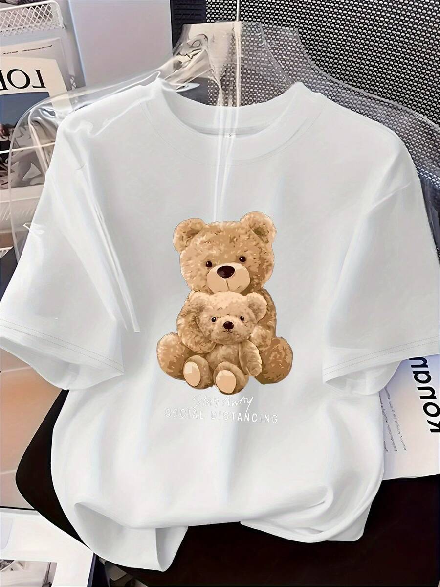 [Women's Printed T-Shirt] Circle Orientation] Women's Printed T-Shirt With Bear Design, Soft, Versatile And Comfortable, Short Sleeve, Ideal For Casual Wear And Elegant Looks In All Styles - 白色 - 查看 1