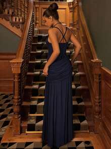 Elegant Sleeveless Long Party Dress For Women, Solid Color, European Style, New Fashion Wrap Dress - Navy Blue - View 8
