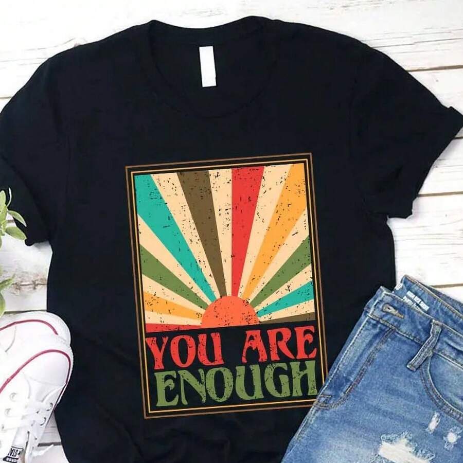 Retro You Are Enough Print Crew Neck Tops Casual Wear Short Sleeve Tops For Women 4th Of July Outfit Women Plus Size Women Clothes Vacation Outfits Women Summer Clothes Y2k Clothes Women T-S - 黑色 - 查看 1