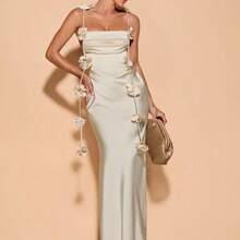 Vestido de fiesta con tirantes finos, cuello drapeado y espalda descubierta con estampado floral para mujer, ideal para bodas y vacaciones - Champán - Ver 6