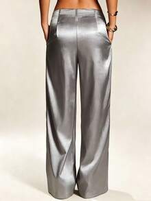 Pantalones de satén y seda de unicolor para mujer con bolsillos y cremallera, adecuados para vacaciones, oficina, brunch, aeropuerto, todo el año, negro primavera - Gris - Ver 2