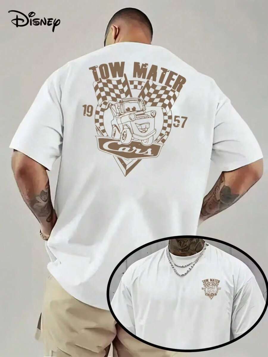 Licensed Disney Tee: Cars Tow Mater Vintage Racing Print, 100% Cotton, Relaxed Fit, Soft & Breathable, Unisex Crew Neck Short Sleeve. - 白色 - 查看 1