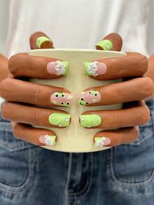 10pcs/Set Y2K Nails, Pink Nails Handmade, Green Nails, Green French Tip Nails, Handmade 3D Flowers And Green Frog Nails Art, Perfect For Parties & Daily Wear. Short Square Nails. Handmade Press On Nails Square, Fake Nails, Acrylic Nails, Cute Nails - Multicolor - View 2