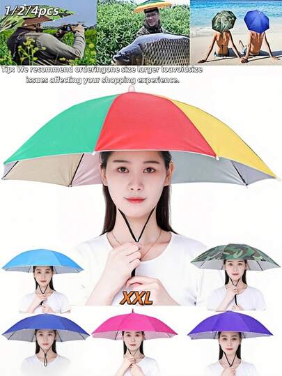 1/2/4 piezas Conjunto de combinación de verano Sombrero paraguas manos libres mejorado multicolor para mujeres, protección solar 360° con diadema elástica, alternativa de paraguas ligera para mujeres, paraguas de sombra para exteriores con protección UV, paraguas de viaje, esencial para vacaciones en la playa
