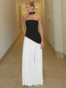 Vestido Mujer Elegante Moda Fiesta Bandejo Ajustado Liso Abertura Espalda Descubierta Cinta Flotante Estilo Europeo Nuevo - Blanco y Negro - Ver 2