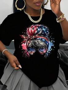 Women's T-Shirt With American Flag And Bow Print, Patriotic, For Independence Day, Fourth Of July Celebration, Casual Summer Black Graphic Tee, T-Shirt - 黑色 - 查看 1