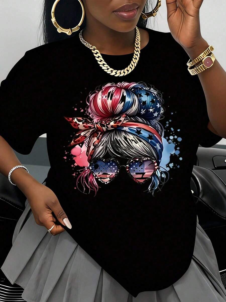 Women's T-Shirt With American Flag And Bow Print, Patriotic, For Independence Day, Fourth Of July Celebration, Casual Summer Black Graphic Tee, T-Shirt - 黑色 - 查看 1