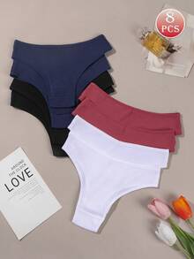 8 piezas/Set de bragas de cintura baja suaves & cómodas para mujer, línea de cintura en forma de V sexy, ropa interior de alta elasticidad, para uso diario - Multicolor - Ver 8