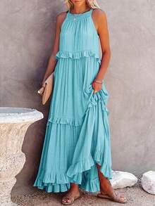 Vestido pastel tirantes estilo delicado largo elegante  moda femenina estilo europeo - Azul - Ver 1