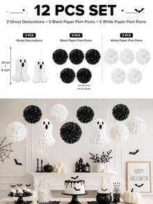 12/10/5pcs Ghost Honeycomb Paper Ball + Paper Flower Ball Combination Set, Cute White Decoration, Suitable For Birthday Party And Theme Party, Halloween Party Decoration, Black And White Tone Decorative Hanging, Living Room Staircase Entrance Decoration, Outdoor Garden Hanging Decoration, Yard Arrangement Birthday, Halloween Gothic Style - Decorative Pendant - View 12