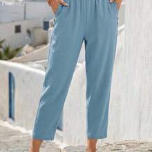 Soqi Women's Clothing  Pantalones casuales de verano para mujer con cintura elástica y bolsillos - Café integral - Ver 2