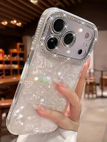 時尚優雅水鑽閃亮水晶愛心雷射貝殼紋手機殼 適用於 iPhone 17 Pro Max 16 15 14 Plus 13 12 Pro 11 Air 柔軟鏡頭保護膜 - 白色 - 查看 16