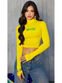Women's Cropped High Neck Blouse Brazil World Cup Fan - Yellow - View 2
