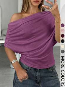 Women's Off-Shoulder Dolman Sleeve Top, Asymmetric Neck Ruched Side Casual T-Shirt For Streetwear & Daily Wear - Black - View 10