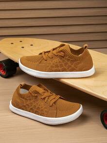 Children's Solid Color Lightweight Breathable Knit Wide Toe Box Slip-On Sneakers, Soft Sole Comfortable Versatile Casual Shoes For Boys And Girls, Suitable For Various Foot Types, School, Outdoor, Camping, Hiking And Sports - Khaki - View 6