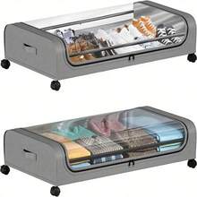 2pcs Under Bed Storage Organizer Metal Underbed Bins With Wheels And Lid Metal Underbed Storage Containers Under Bed Rolling Storage For Clothes, Bedding, Shoes, Blankets, Books, Under-Bed Storage - 2件裝黑色 - 查看 3