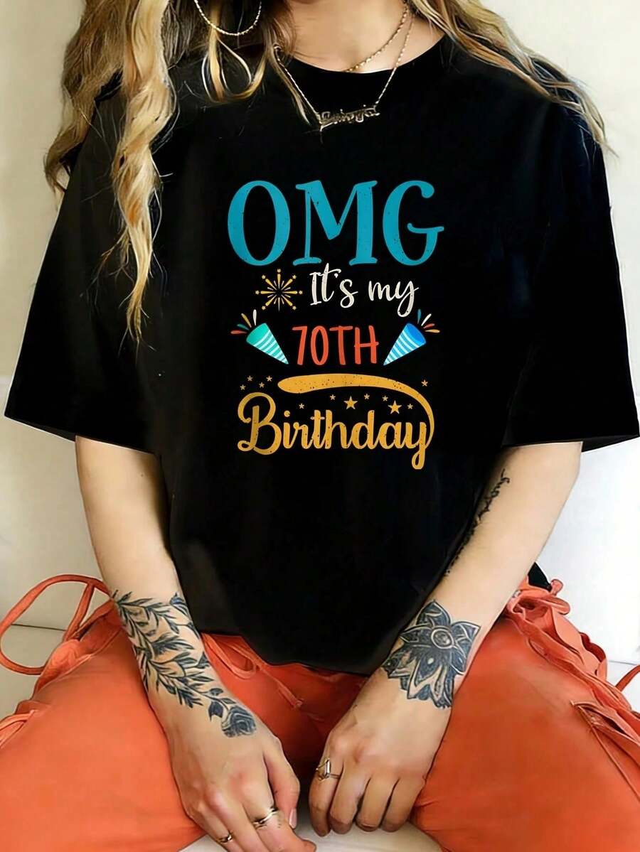 Camiseta Retro para Hombres y Mujeres de 70 Años, OMG Es Mi 70º Cumpleaños, Camiseta de Manga Corta de Talla Grande para Mujer, Novedosa, con Cuello Redondo, Casual, Divertida, con Estampado - Negro - Ver 1