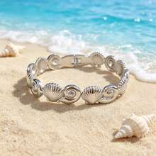YUZENG 1PC Stainless Steel Spring Open Bangle, Ocean Style Shell & Conch Linked Bracelet, Hypoallergenic, Ideal For Beach Vacation, Daily Commute & Gifting - Seashells and Conches - View 2