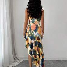 Vestidode mujer con unhombro,estampado teñido difuminado y diseño de volantes enel bajo irregular,vestido de primavera/verano,diseño de bajoirregular, elegante y de moda, adecuado - Multicolor - Ver 3