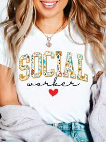 T-Shirt With Letter Print For Social Worker, Social Worker Clothing - 黑 - 查看 1