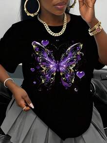 Women's White T-Shirt With Purple Butterfly Design, Fashion Graphic Tee, Casual Summer Top With Heart And Star Details, Plus Size Urban Style T-Shirt - 黑色 - 查看 1