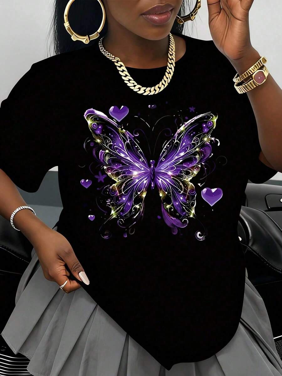 Women's White T-Shirt With Purple Butterfly Design, Fashion Graphic Tee, Casual Summer Top With Heart And Star Details, Plus Size Urban Style T-Shirt - 黑色 - 查看 1
