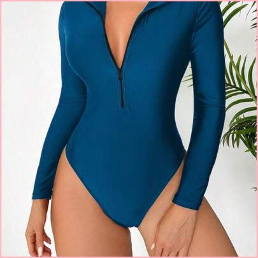 Swim SPRTY Traje de baño de una pieza con cierre de cremallera y unicolor minimalista para mujer, adecuado para vacaciones de primavera/otoño en la playa - Azul - Ver 1