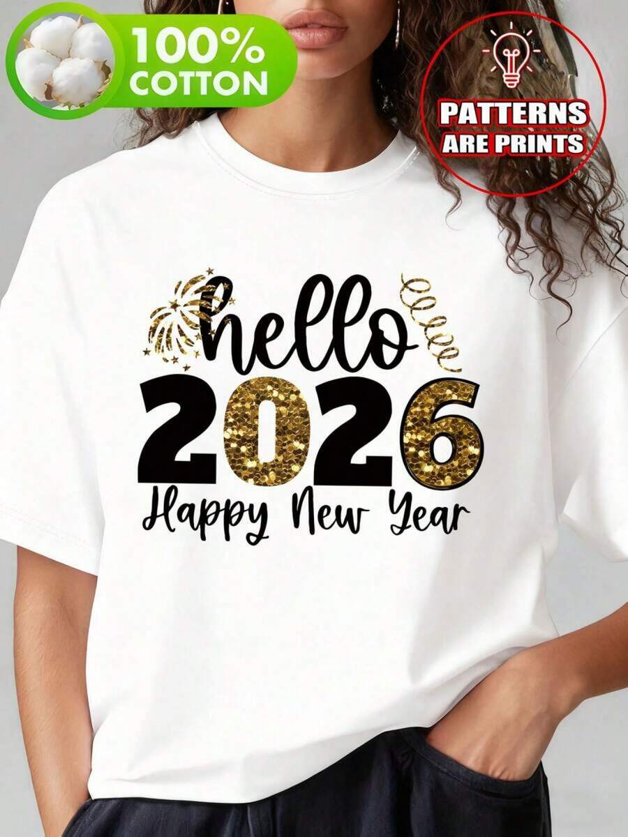 miseta Woen' Heo 2626, Camiseta con estampado gráfico de Feliz Año Nuevo Heo 2026, Camiseta de cuello redondo Woen' ooe Caua, Adiós 2025 Heo 2025 Thee Cothin, Camiseta de Año Nuevo 2026 QJW8 - Blanco - Ver 1
