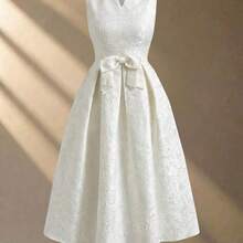Vestido de longitud media sin mangas de tela jacquard ligera para mujer, elegante y favorecedor, adecuado para que las mujeres de 20 a 35+ años lo usen en fiestas - Rosa - Ver 4