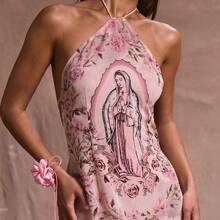 xuehuamaoyi02  Resort Vestido largo de malla con estampado, escote halter y tirantes, para cubrir el traje de baño. Ideal para vacaciones, playa - Multicolor - Ver 3