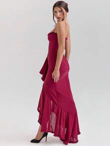 Sleeveless Maxi Dress With Straps, European Style, High-End Elegant Summer Fashion, Ideal For Women's Casual Parties - 酒紅色 - 查看 3