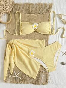 Swim Vcay Women's 3-Piece Bikini Set, Solid Color Floral Print, For Beach And Resort - 黃色 - 查看 1