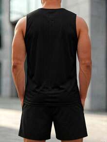 Men's Black Sports Casual Tank Top And Shorts 2 Pieces Set, Reflective Strip Design On Shoulders And Legs, Shorts With Zipper Large Pockets - Black - View 9