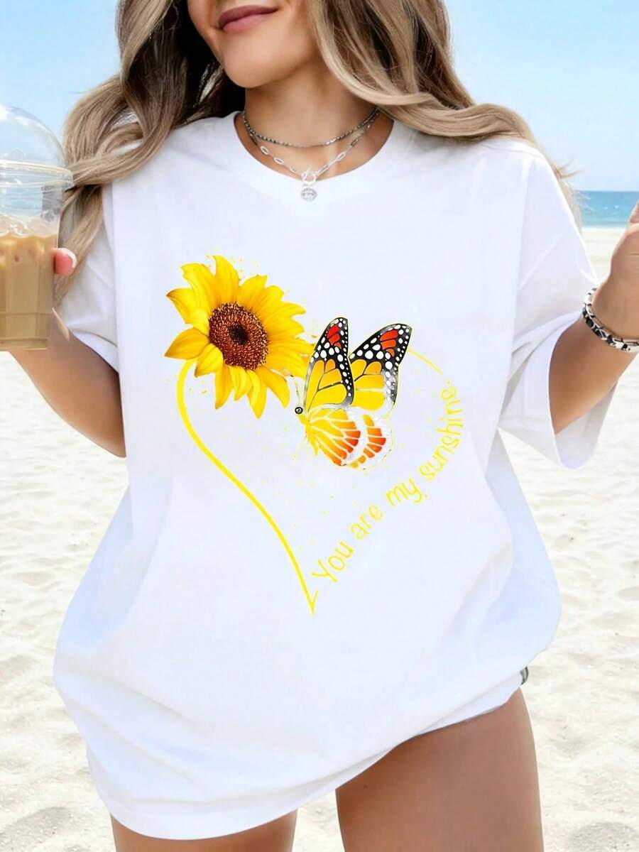 Camiseta Blanca con Diseño de Girasol, Mariposa y Corazón, "Eres Mi Rayo de Sol", para Mujer, Verano, Playa, Casual, Corte Holgado, Talla Grande, Camiseta con Estampado Gráfico - Blanco - Ver 1