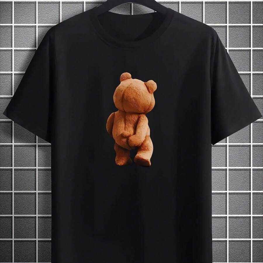 Men's Cute Bear Graphic Cotton T-Shirt, Short Sleeve Crew Neck Tees, Unisex Vintage Casual Tees, Oversized Tees, Streetwear - 彩色 - 查看 1