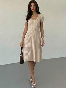 Women's Ribbed Fitted Knit Dress Low Neck Casual Summer Work Outing - Apricot - View 7