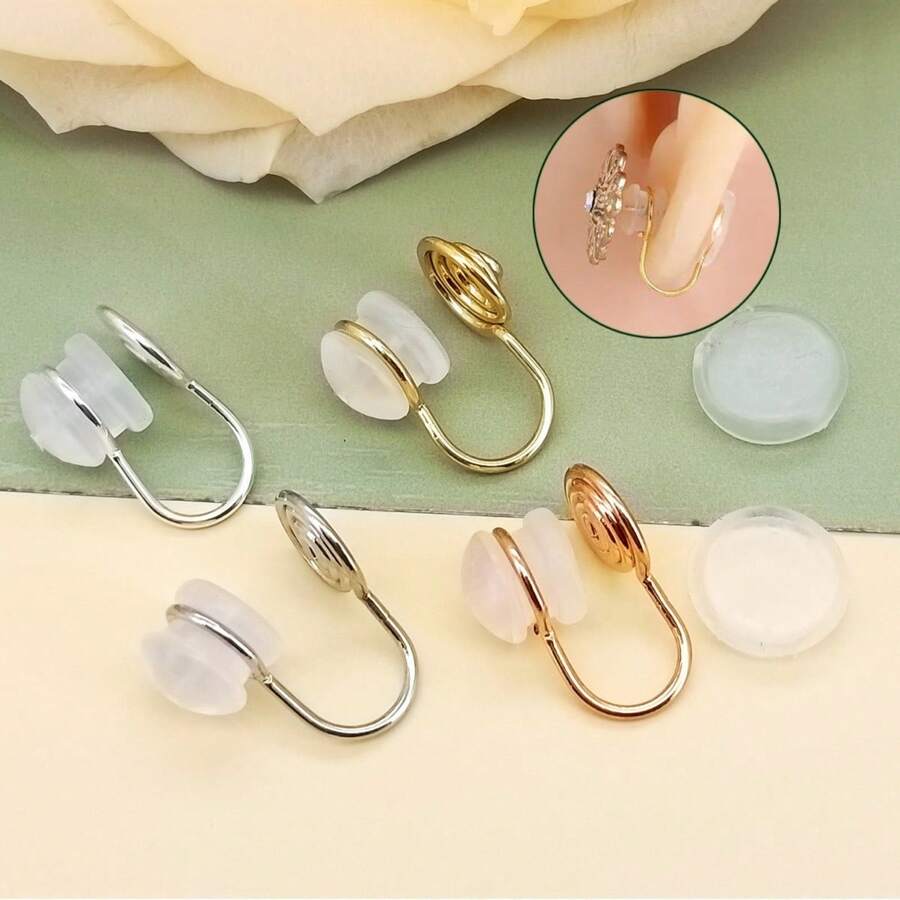 4 piezas Convertidores de pendientes de clip en color dorado y plateado con almohadillas para pendientes, bandeja y aro para hacer pendientes DIY para mujeres y niñas con orejas sin perforar - Clip para la oreja - Ver 1