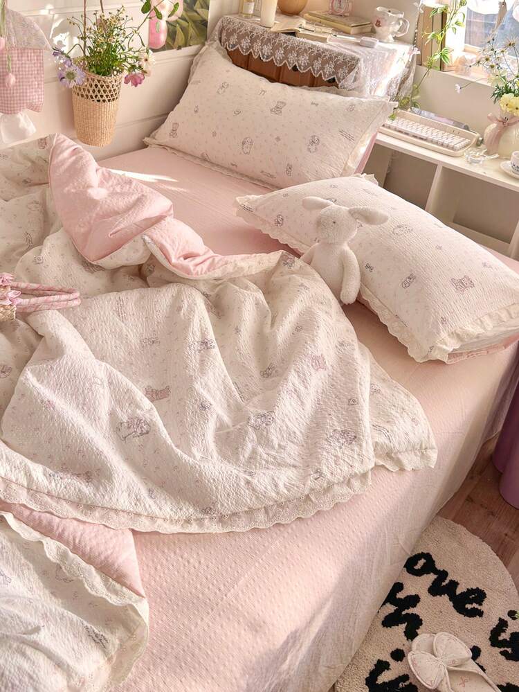 1pc Pink Cute Rabbit Lace Trim Summer Quilt, Floral Pattern With Lace Trim Thin Air Conditioning Quilt, Quilted Blanket (Pillowcase Not Included), Soft And Comfortable, Suitable For Spring And Summer, Dorm, Bedroom, Single Bed, Double Bed, Can Be Used As Shawl Blanket - Pink - View 9