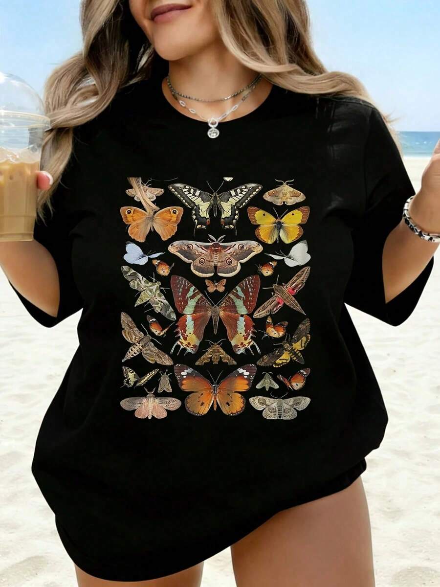 Camiseta de Mujer con Estampado de Mariposas, Verano, Playa, Casual, Corte Holgado, Blanca, Camiseta Gráfica para Mujer, Camiseta de Moda Inspirada en la Naturaleza - Negro - Ver 1