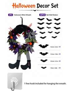Halloween Hexen-Kranz Dekorationsset mit schwarzen Fledermaus-Wandaufklebern und bohrfreien Haken, geeignet für Haustür, Kamin, Fenster, Wohnzimmerwand, Partyhintergrund, Spukhaus-Dekoration, Süßigkeitentisch und Halloween-Fotobereich, Hexenhut, gestreifte Beine, Kürbis, Schleifen-Elemente schaffen eine starke festliche Atmosphäre. - Halloween-Kranz-Set - Übersicht 11