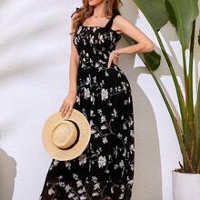Vestido maxi con estampado floral, hombros con lazo y escote fruncido de gasa para mujer - Negro1 - Ver 4