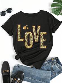 Women's Pure Cotton Short Sleeve T-Shirt Casual Summer Graphic LOVE Print Loose Fit Basic Top - Black - View 5