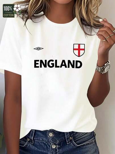 100% Cotton Women's Short Sleeve T-Shirt With England Football Logo Print For Sports Fans & Casual Wear