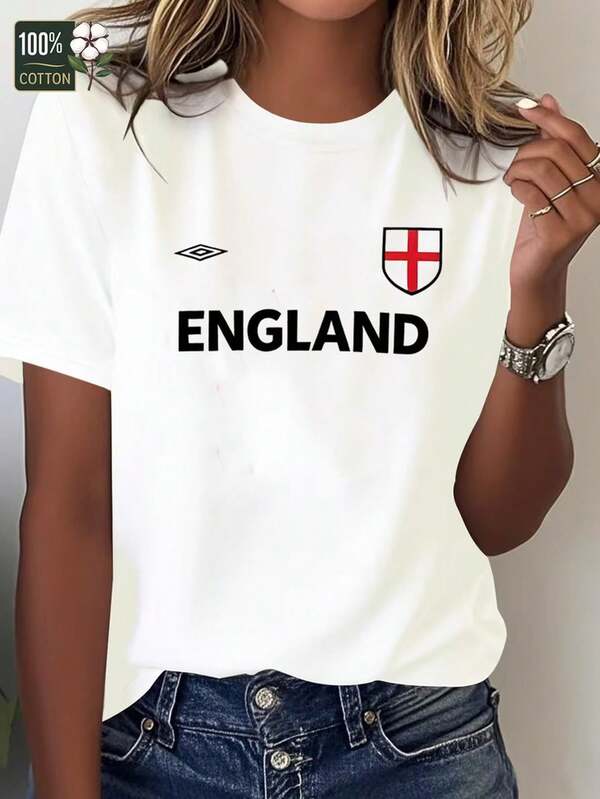 100% Cotton Women's Short Sleeve T-Shirt With England Football Logo Print For Sports Fans & Casual Wear